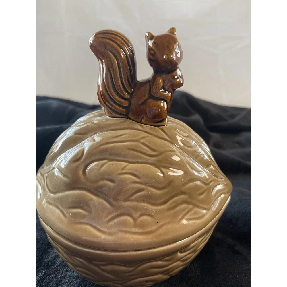 Vintage Ceramic Squirrel on Walnut Lidded Nut Candy Dish Mid Century Modern MCM